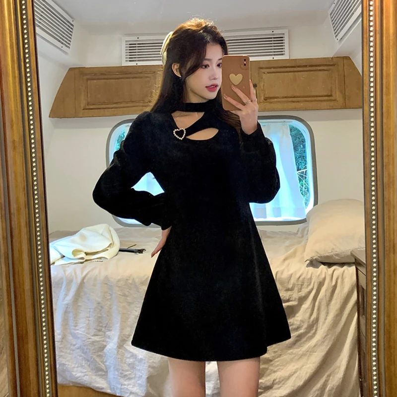 

Traf design sense careful machine collar waist slim temperament long-sleeved little black dress winter new Hepburn style dress