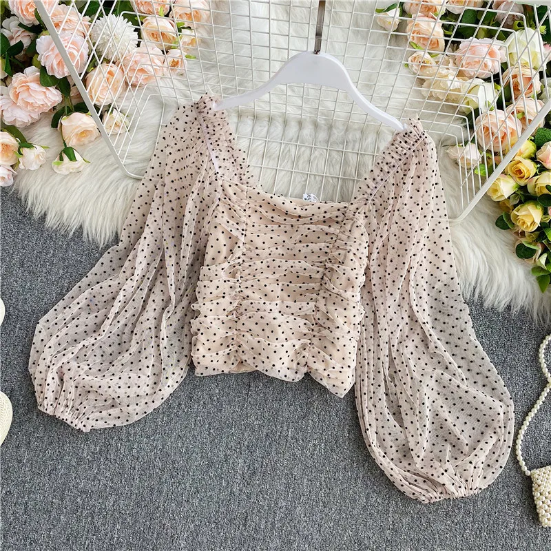 

Vintage Square Collar Pleated Elastic Polka Dot Chiffon Shirt Puff Long Sleeve Mesh Women Elegant Office Lady Sexy Blouse