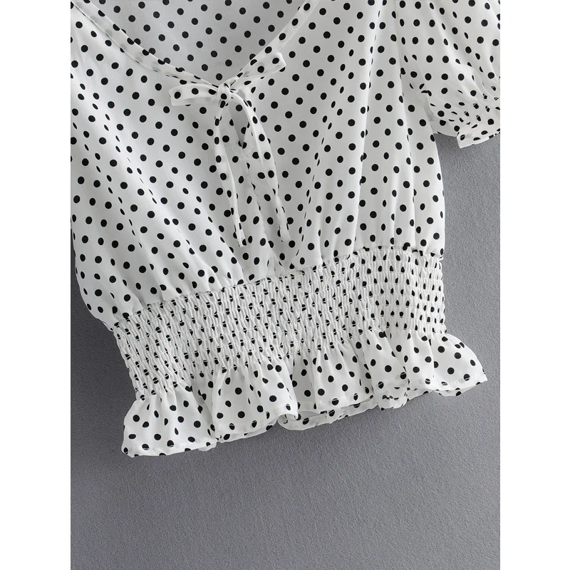 

Harajuku Polka-dot V-neck Short-sleeved Waist and Navel Short Female Shirt Sweet Fashion Slim Slim Sexy Chic Women's Tops