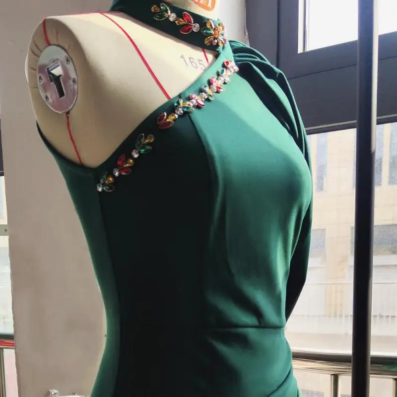 

Green Asymmetric Hand-stitched Rhinestone Stretch Knit Dress Muslim Party Dress Large Banquet Women Moroccan Satin Dress