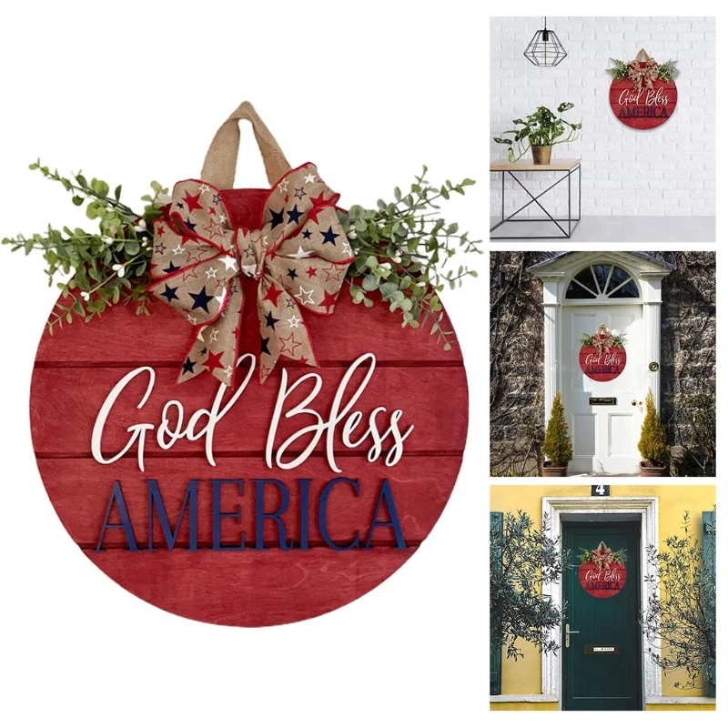 

Independence Day Wooden Sign 4th of July Patriotic Round Hanging Wall Plaque for Porch Front Door Wreath Garland Decor