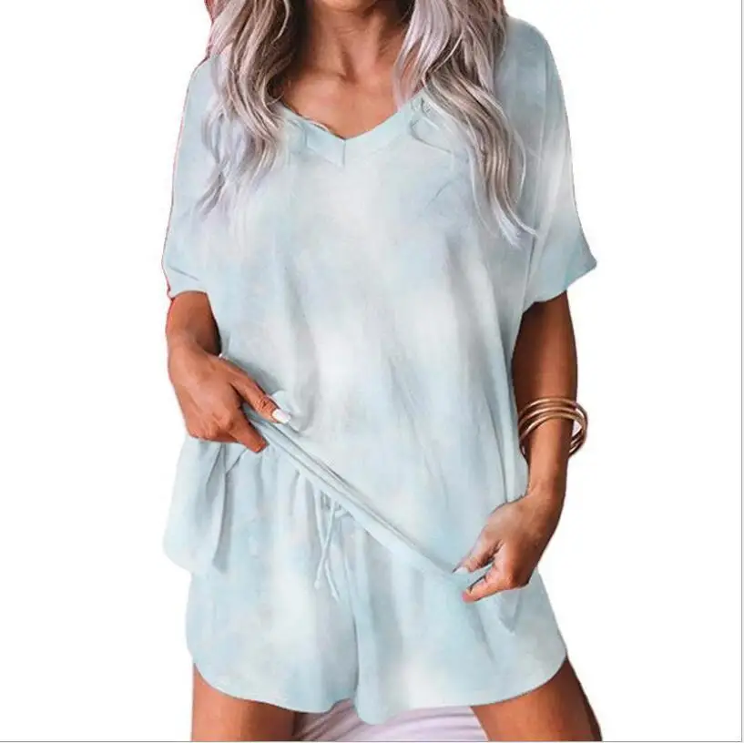 

New Style Pajamas Casual Sleepwear Set Women's Tie Dyed Household Clothes V-Neck Two Piece Set Summer Print Lounge Wear