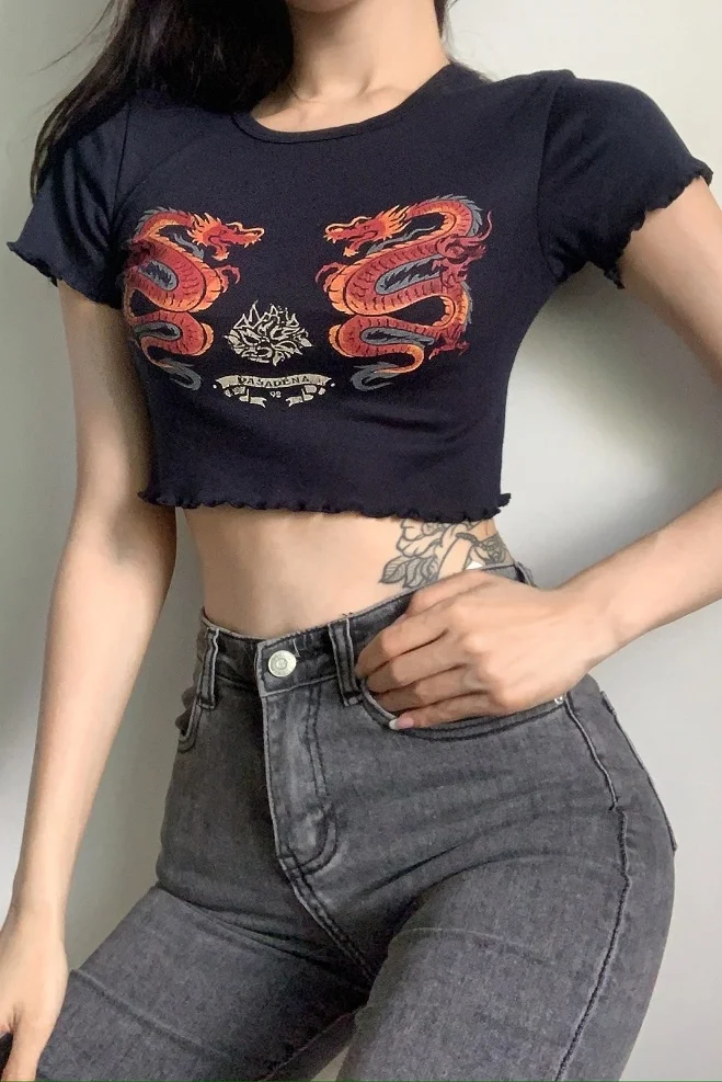 

WOMENGAGA Dragon Print Elastic Ear Edge Tight High Waist Open Navel Short Pullover Half Sleeve Slim Hedging T-shirt Show 04UE
