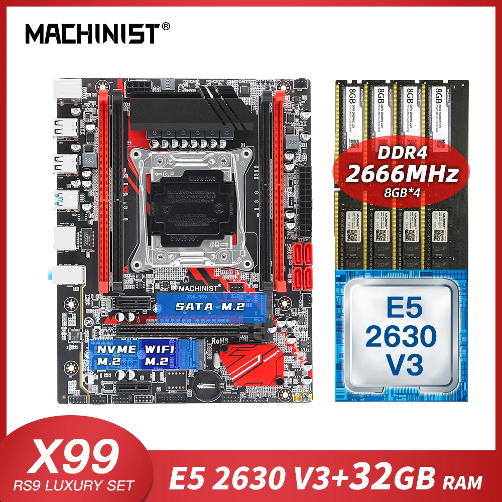 Verkauf MASCHINIST X99 Motherboard LGA 2011-3 Kit Set Mit Xeon E5 2630 V3 Prozessor DDR4 32GB 4*8G Desktop RAM Speicher M-ATX X99-RS9 USB