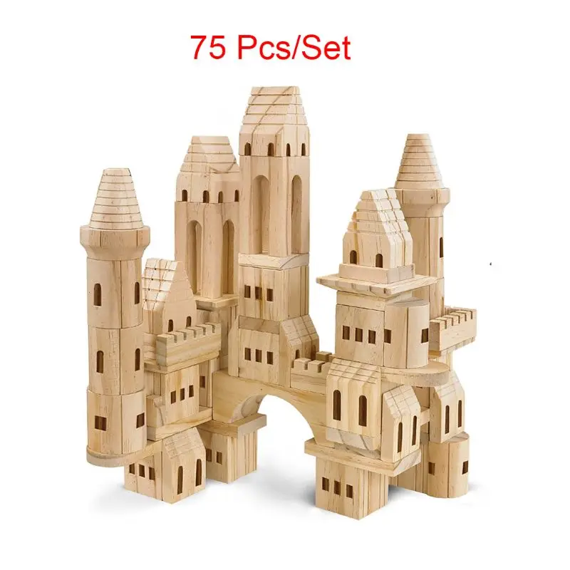

50LE 75pcs/set Wooden Castle Building Blocks Kids Intellectual Puzzle Early Education Toys