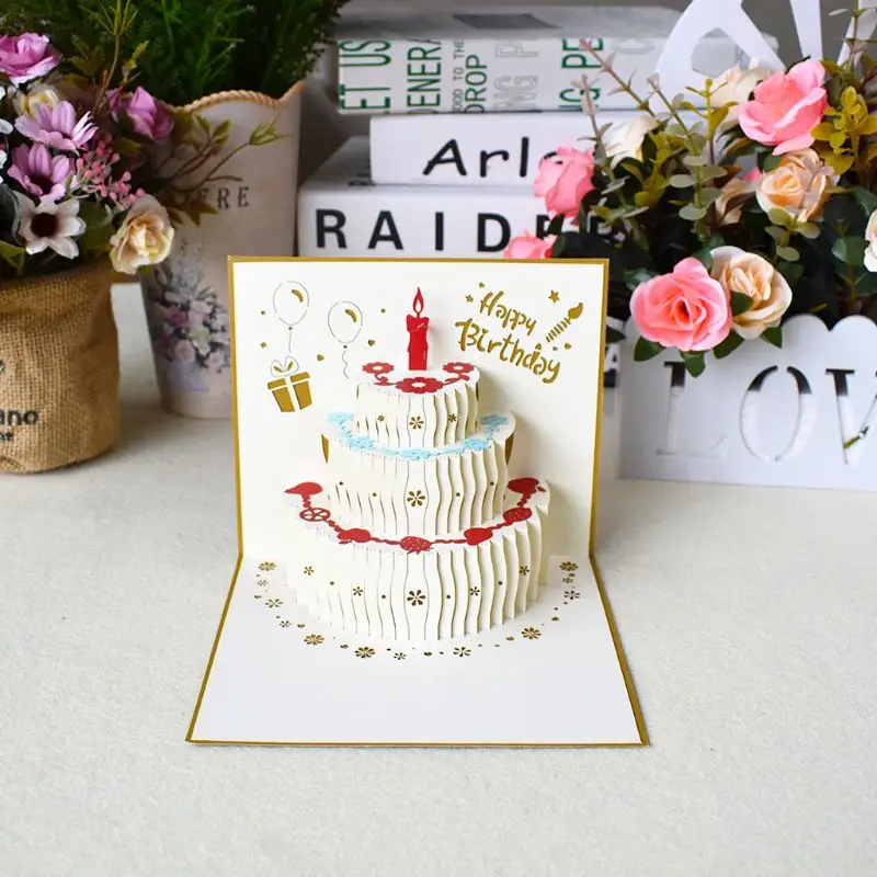 

3D Up Happy Birthday Greeting Cards Cake Postcards Invitations with Envelope for Kids Wife Husband Gifts GXMA