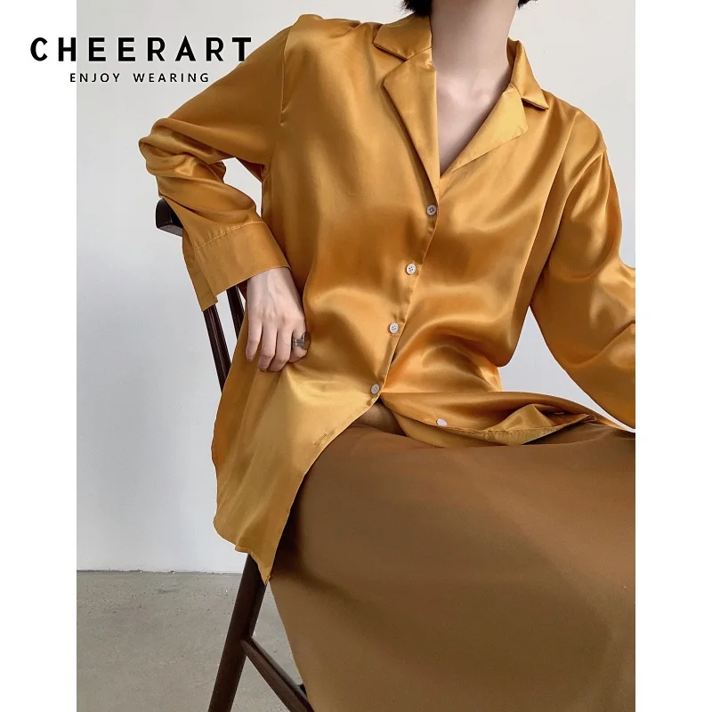 CHEERART Корейская атласная рубашка с длинным рукавом Блузка женская отворотом Топ