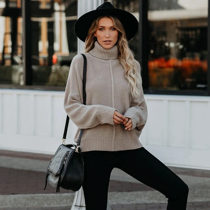 

Women High Collar Knit Sweater Casual Loose Solid Color Knit Pullover Long Sleeve Sweater