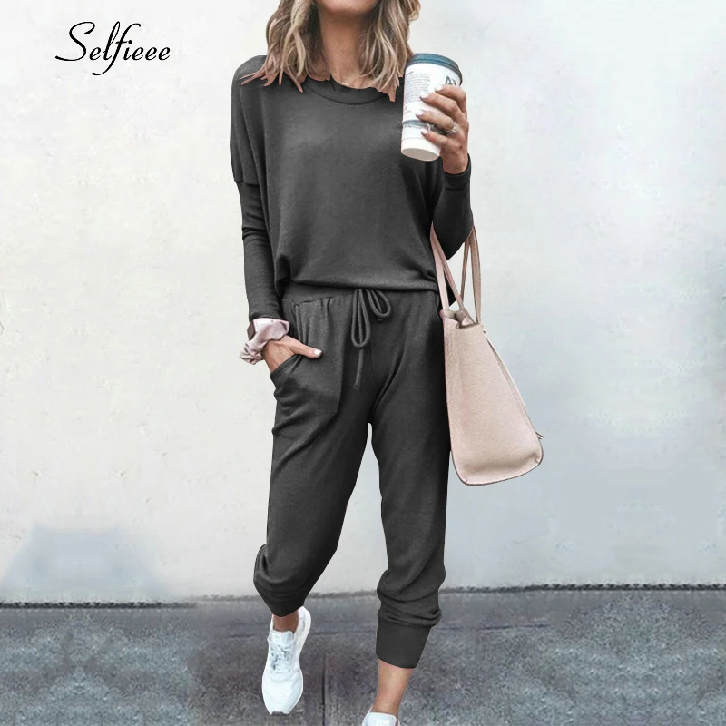 Casual Women 2 Piece Set Women's Sweat Suit Solid Color O-Neck Long Sleeve Drawstring Autumn Winter Stripe Shirt 2020 |
