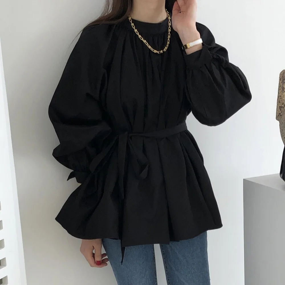 

Bellaza Japan Style Blouse Spring Autumn 2021 New Korean Fashion Loose Simple Lace Up Lantern Sleeve Round Neck Lace Shirt Sweet