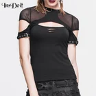 Женская футболка с сетчатыми вставками InsDoit, черная облегающая футболка с сетчатыми вставками и заклепками, с коротким рукавом, в стиле хип-хоп, 2019