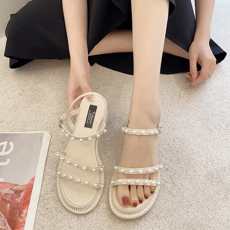 

Buckle Black Platform Sandals 2021 Women's Female Shoe Med Clear Heels Ankle Strap Espadrilles Comfort Pearl New Girls Medium Be