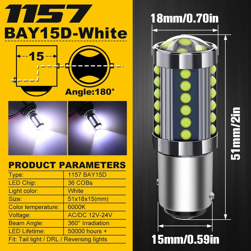 

1157 BAY15D LED Bulb 2PCS 36 COBs 3W Per Aluminum Car Brake Reverse Light DC/AC 12V-24V Super Bright