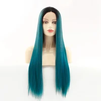 dark root 1bbluish green color synthetic wigs for women straight soft wig ombre cosplay party heavy full straight lace front
