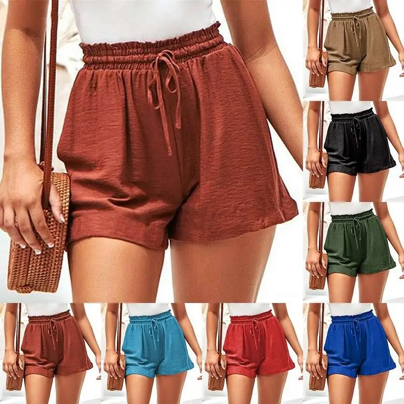 Summer Linen Sexy A-line Wide-leg Elastic Lace-up Shorts Women's Casual Pants