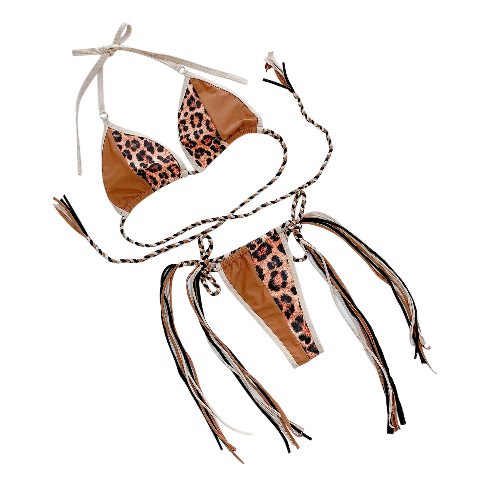 

Women's Stitched Leopard Bikini, Braided Rope Strap Swimsuit, Triangle Bag Swimsuit
