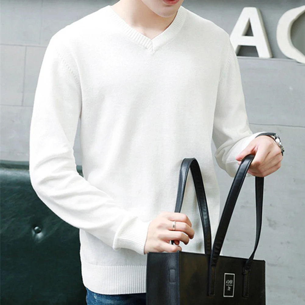 Весенний мужской однотонный тонкий пуловер с V-образным вырезом и длинным