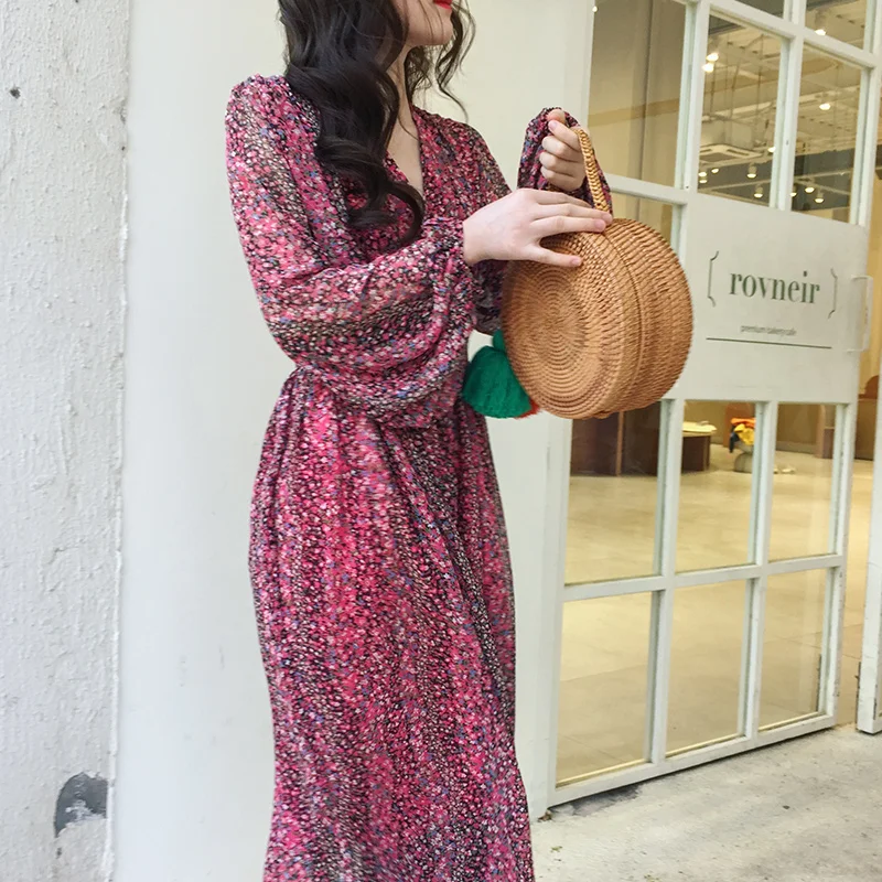 Женское шифоновое платье GLAUKE винтажное осеннее с длинным рукавом и цветочным