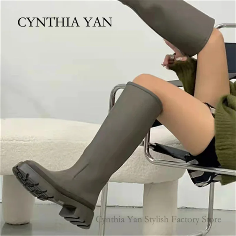 

2021 New Fashion Women Punk Knee High Boots Patent Leather Warm Thick Heels Retro Motorcycle Boots Female Shoes Botas Mujer