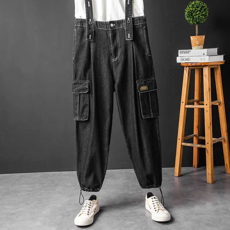 Men Bib Overalls Denim Pants Beam Feet Casual  Wash Loose Fashion Hip Hop Black Jeans Streetwear Jumpsuit  Freight Trousers