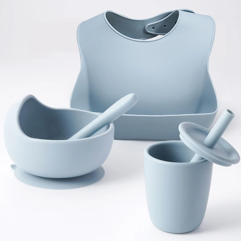

4pcs Child Feeding Tableware Set Straw Cup Baby Bib Silicone Bowl Spoon Soft Easy To Clean Baby Shower Gift BPA Free