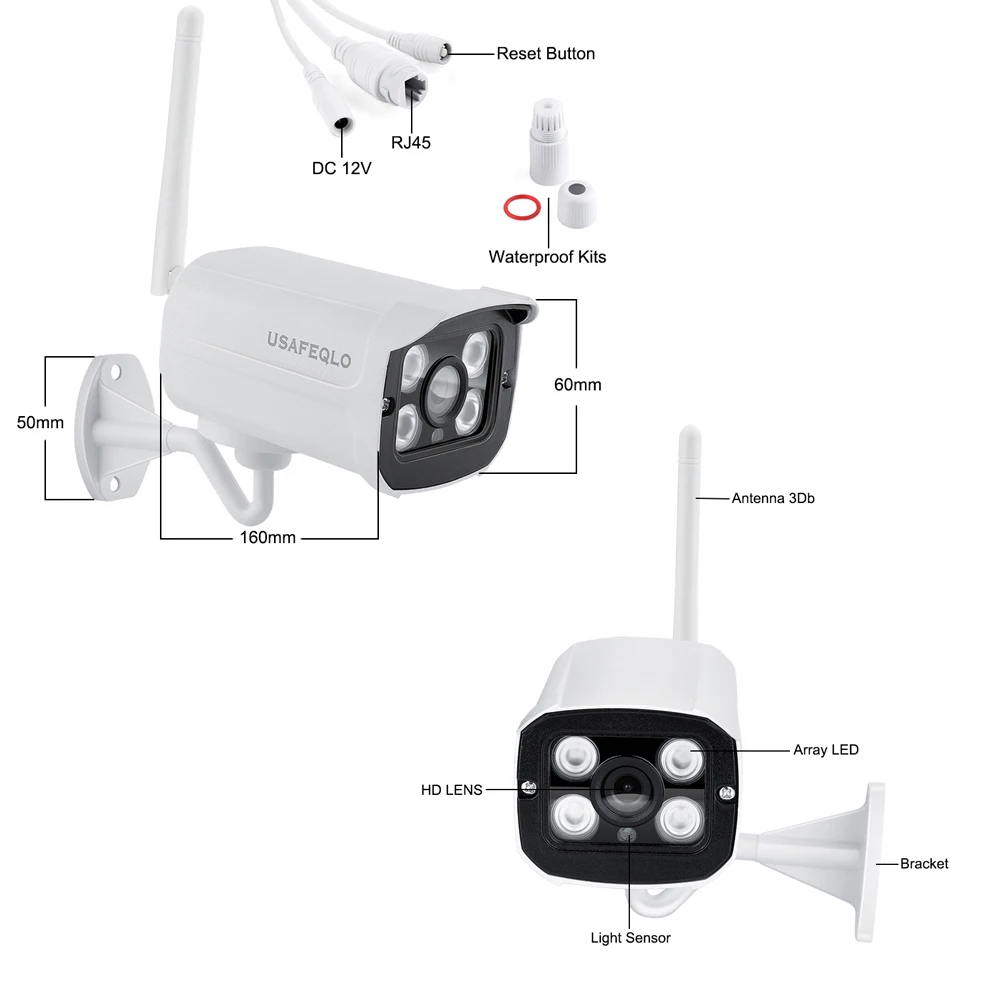 

USAFEQLO Super HD 5.0MP Wired Wifi Camera Waterproof Night vision Wireless camera Motion Detection SD Card Slot Onvif Camera