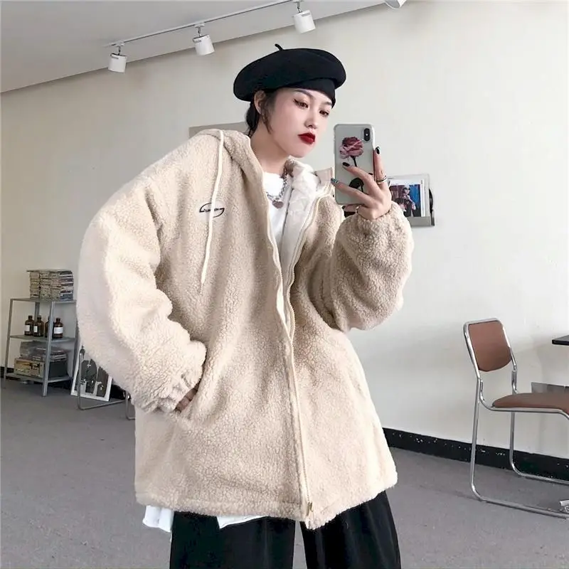 

Hong Kong Style Lamb Wool Hoodies Women Loose Korean Plus Velvet Thick Oversized Jacket Winter Clothes Women Harajuku Hoodie