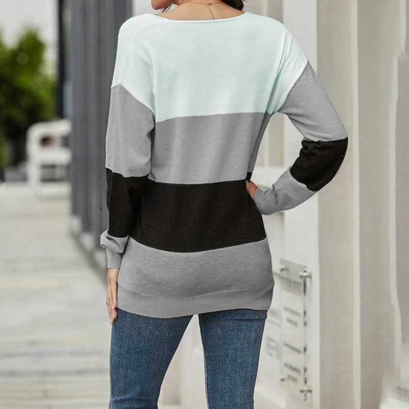 

Women Autumn Long Sleeve V Neck Pullover Color Block Loose Knitted Sweater Top Woman Clothes Female Casual Streetwear