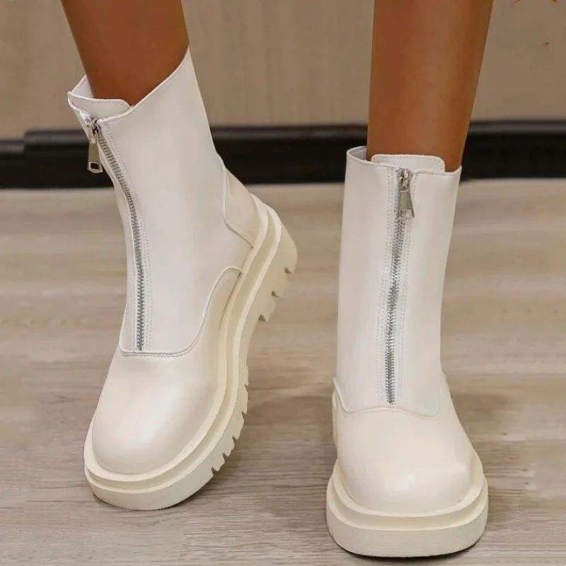 

Женские ботинки на массивной платформе, однотонные черные или бежевые ботильоны с круглым носком, на высоком каблуке, европейские размеры ...