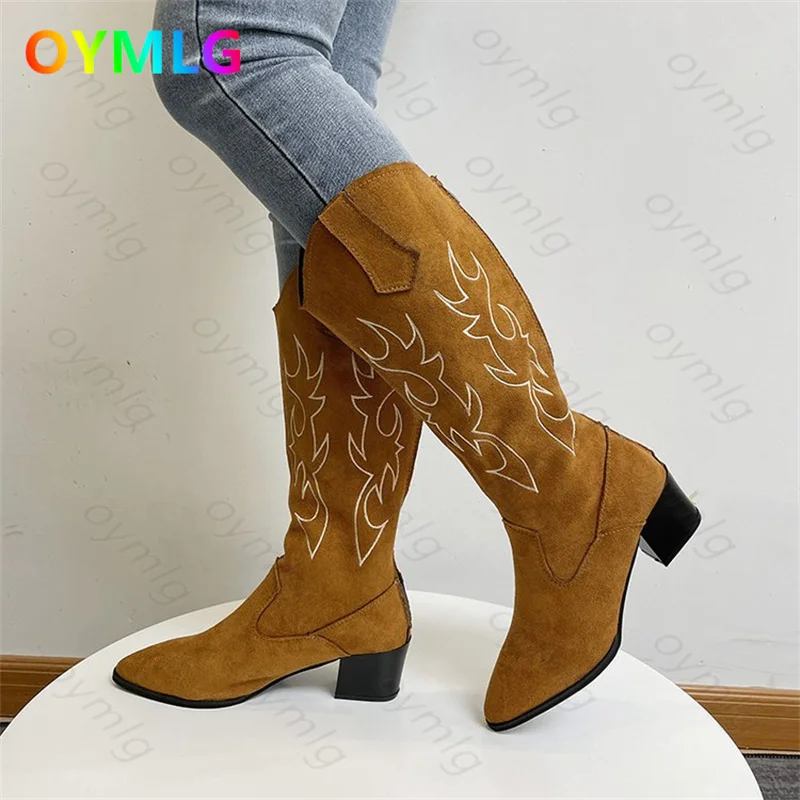 

2021 new retro embroidery western cowboy boots female pointed high heel V-neck knee-length fashion knight boots female