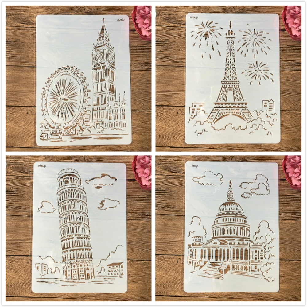 

4Pcs/Set A4 World Famous Building London Paris DIY Layering Stencils Painting Scrapbook Coloring Embossing Album Decor Template