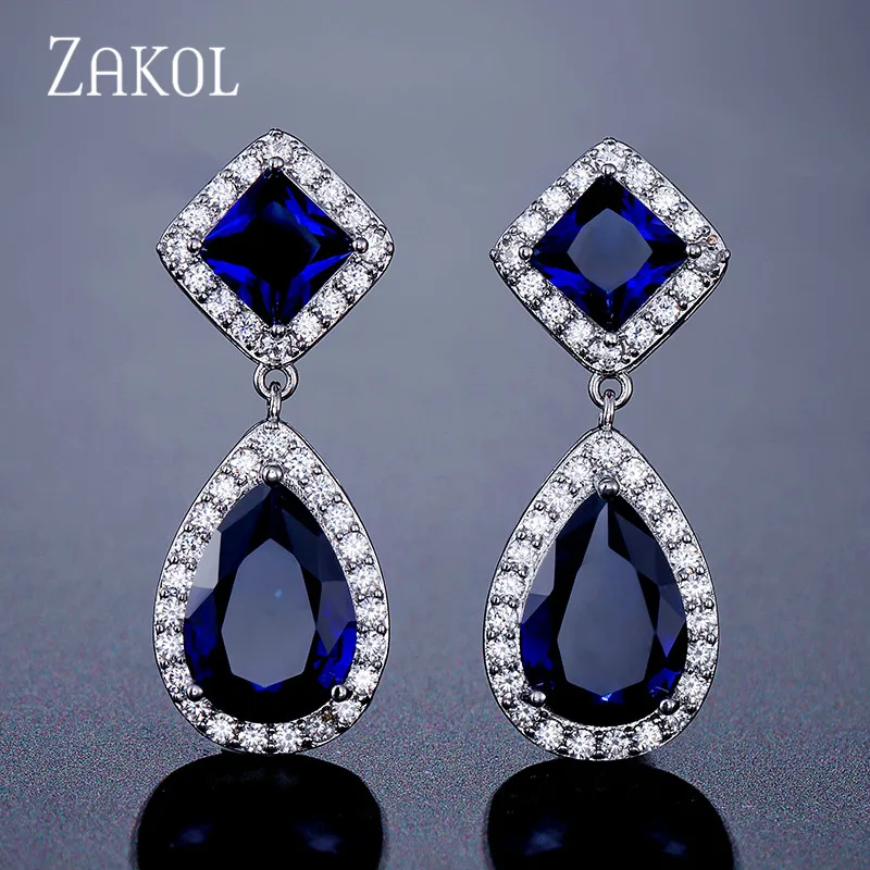 Blue ZAKOL, дизайн, модные, квадратные, каплевидные, прозрачные, висячие серьги, медь, кубический цирконий, для женщин, девушек, вечерние, для работы, туризма, FSEP2162 - Окраска металла: Blue