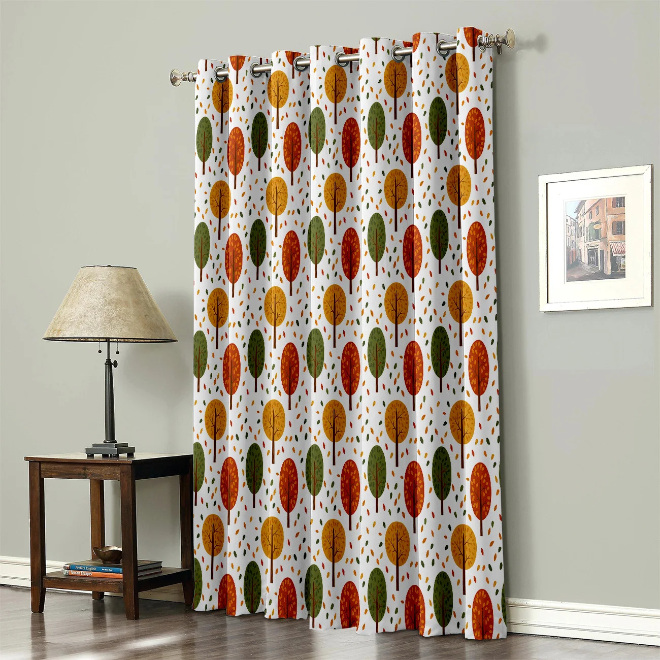 Осенняя Тема желтый лист лес комната шторы большие окна темные жалюзи Гостиная