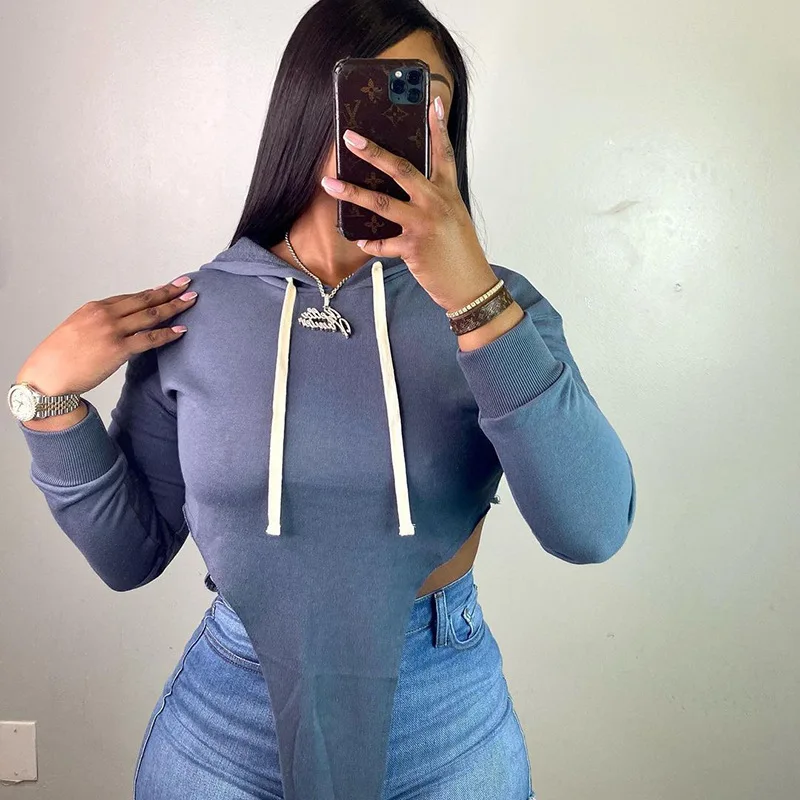 DSMTRC Solid Color Trendy Hoodies Casual Asymmetric Long Sleeve Crop Top T Shirt Streetwear Women Sweetshirts 2021 New Arrival