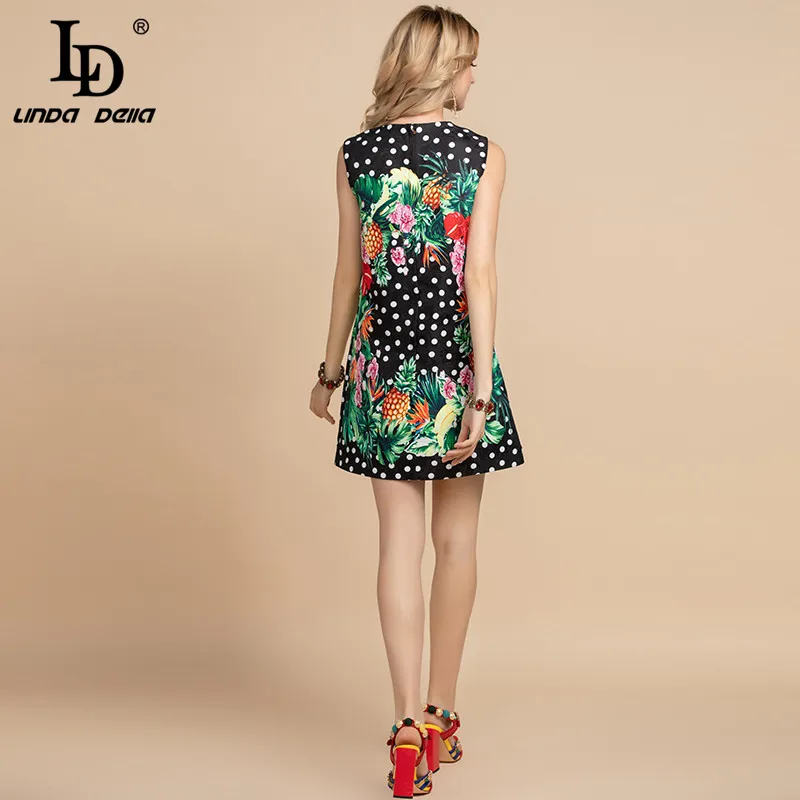 

LD LINDA DELLA Fashion Designer Elegant Summer Dress Women Sleeveless Vintage Polka Dot Fruit Floral Print A-Line Short Dresses