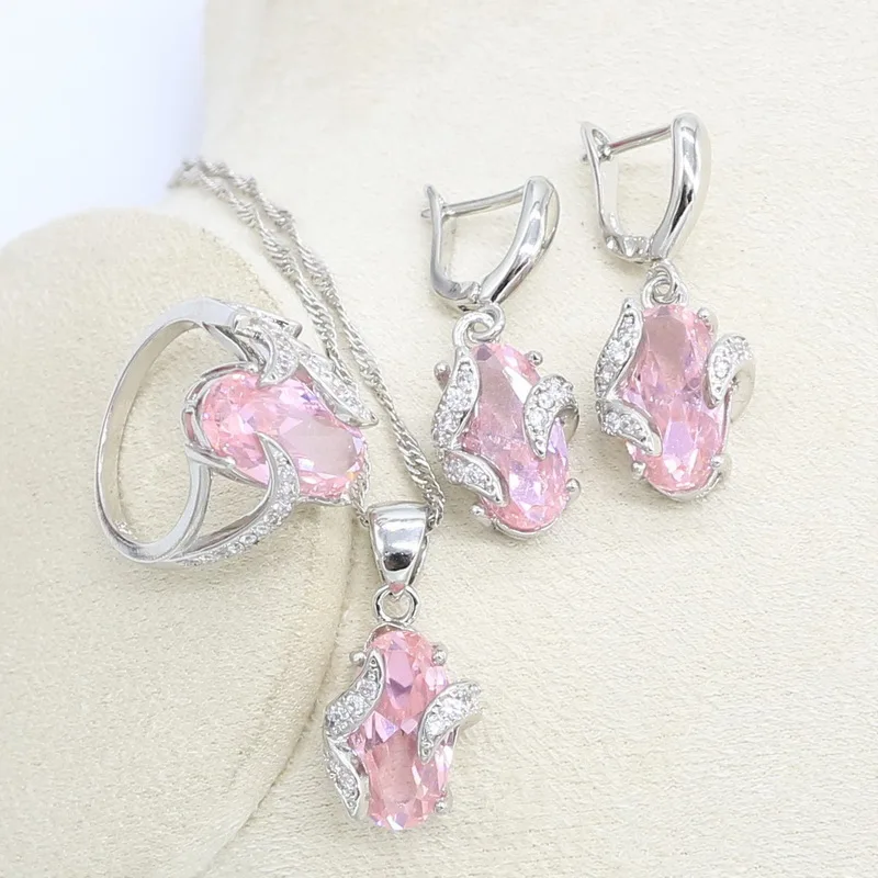 Розовый кубический цирконий Свадебные ювелирные изделия серебряный цвет набор