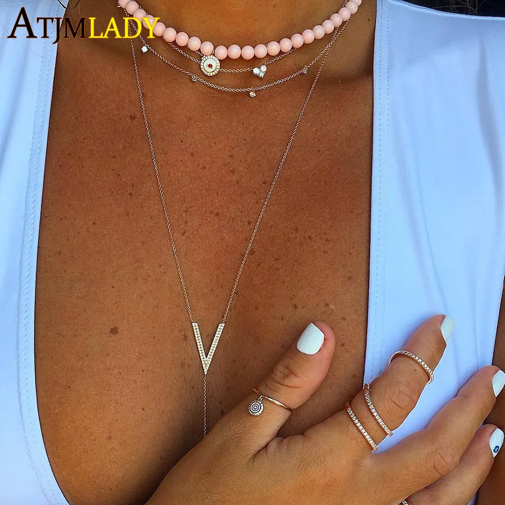 Collares высокое качество розовый цвет микс 925 пробы микро Pave Cz Bling V бар Шарм Лариат длинное женское изысканное ожерелье