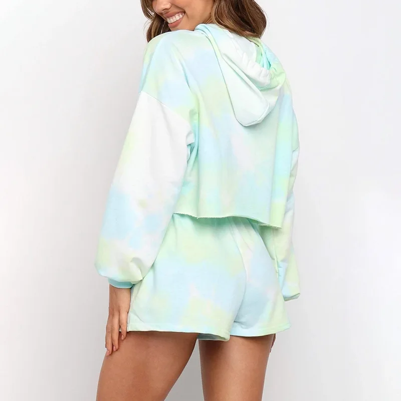 

2020 Autumn New Tie-dye Print Casual Long-sleeved Loose Hooded Sweatshirt Shorts Ladies Suit Two Piece Set Women Ropa De Mujer