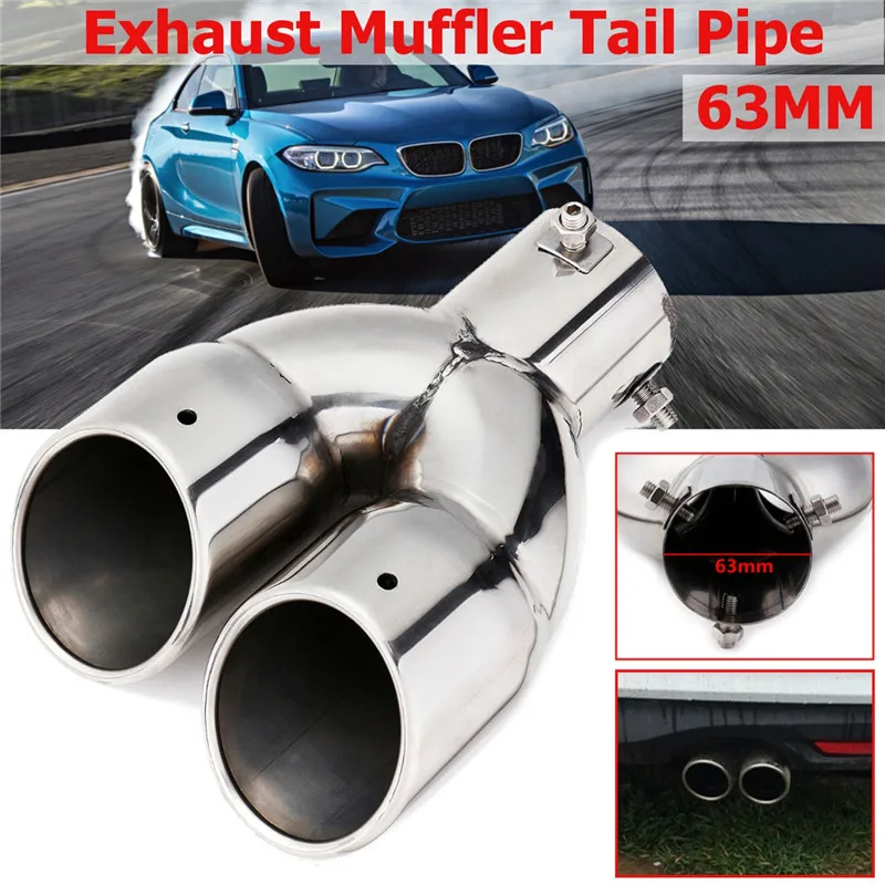 

63mm Universal Car Muffler Exhaust Pipe Double Outlet Stainless Steel Chrome Silver Tip End Trim Modified Tail Throat Liner Pipe