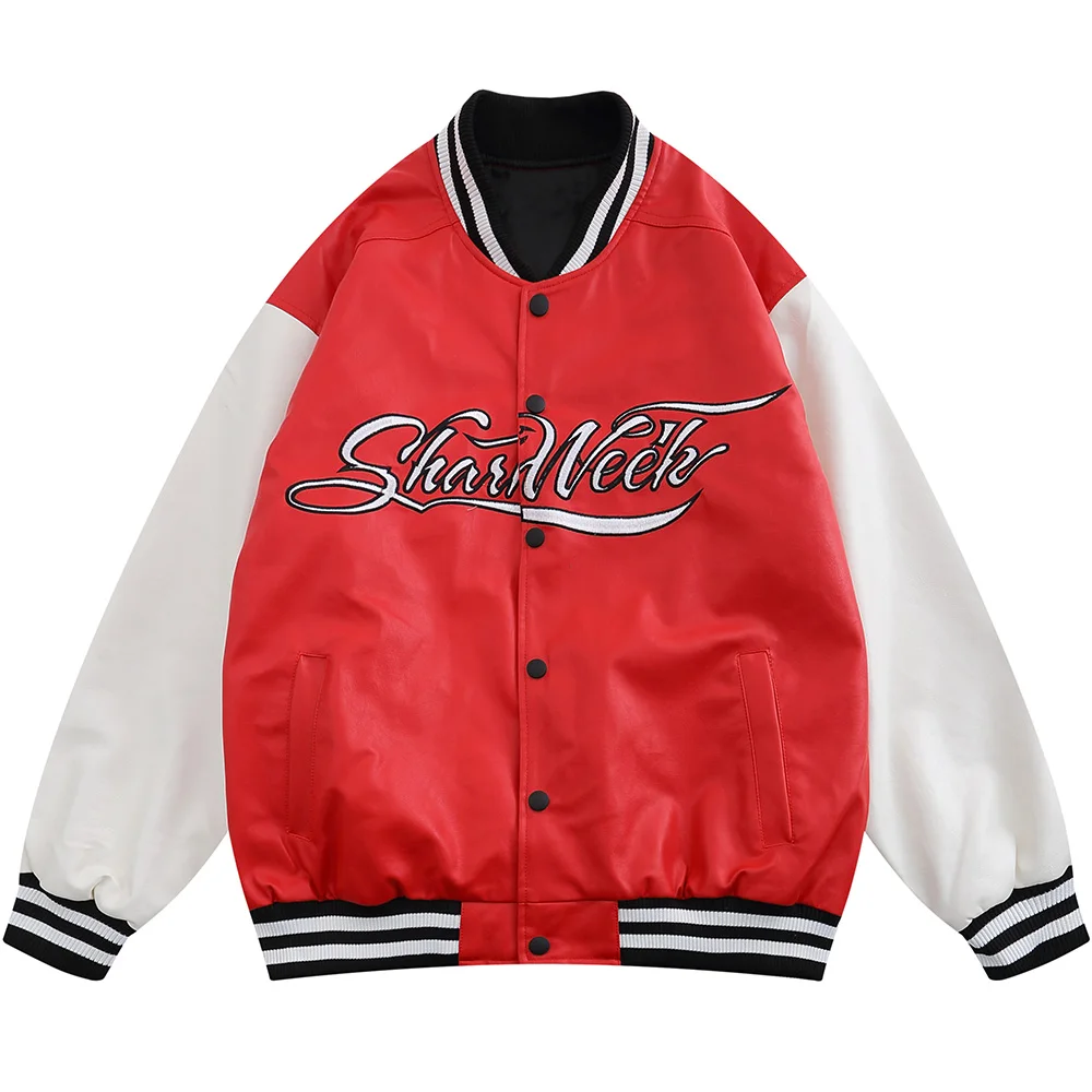 

PU Leather Baseball Jacket Men Patchwork Letter Embroidery Casual Oversized Couple Vintage High Street Hipster Bomber Coats 2021
