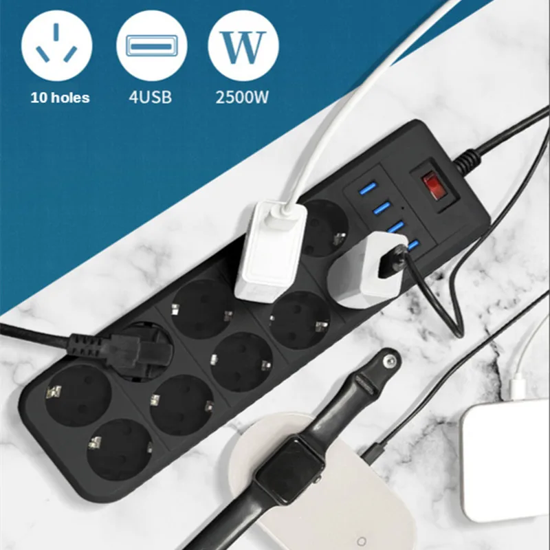 Удлинитель электрический с 4 USB-портами на 6 розеток 10 отверстий | Обустройство