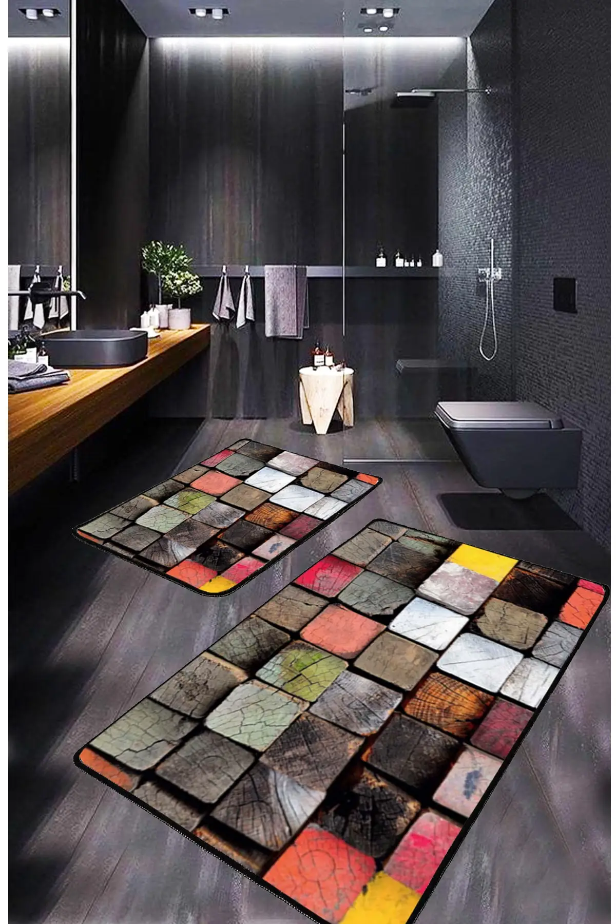 

Colorful Wood Look Modern Washable 2li Mats Bath Mat Doormat 35400 Digital Print Cotton 2'li Figured