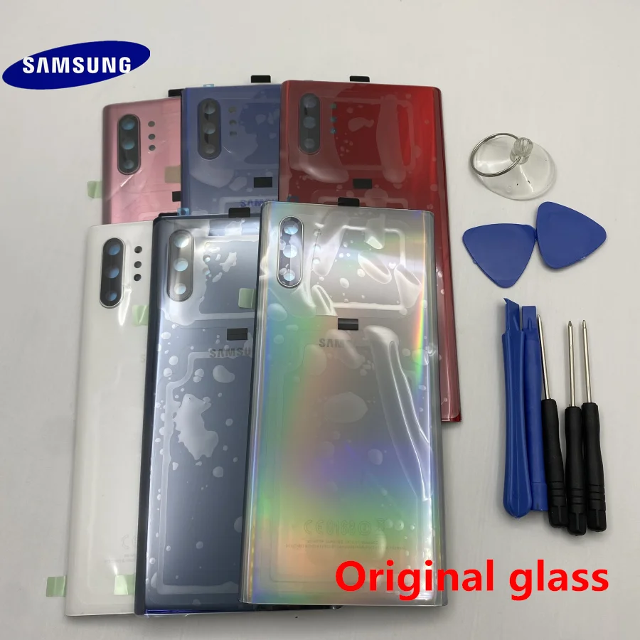 

100% Оригинальные Стеклянные запасные части для Samsung Galaxy NOTE 10 PLUS N970 N975 Крышка батарейного отсека задний корпус с наклейкой