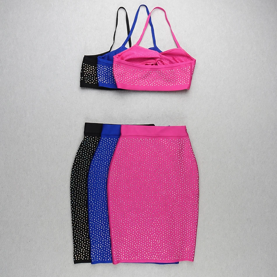 2019 New Women'S Beaded 2 Two-Piece Bandage Dress Sexy Sleeveless Halter Crystal Bodycon Mini Club Party Vestidos | Женская одежда