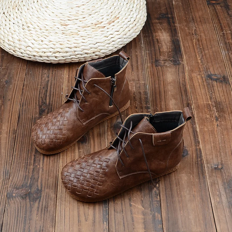 

National Style Literary Retro Flat Ankle Boots Mori Girl Hand-Woven Soft Bottom Women's Boots Simple Comfort Casual Short Boots