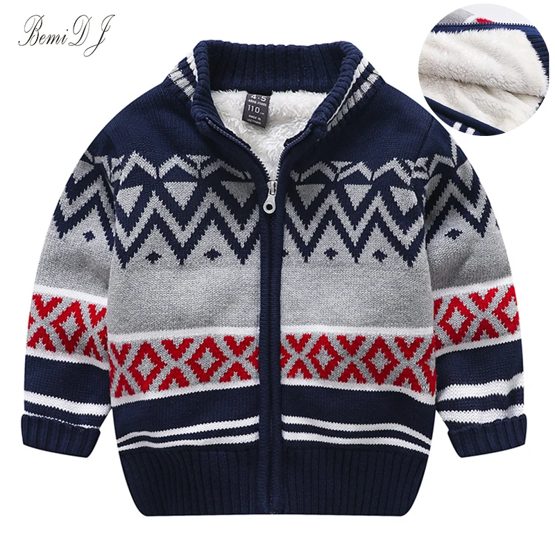 

Brand Children Sweater Winter Spring Kids Knitted Sweaters For Boys Cardigan Thick Baby Jacket Velvet Lined Gray And Blue Coat