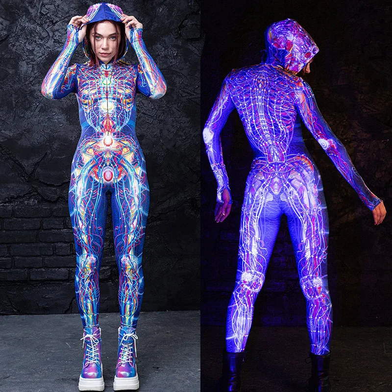 VIP FASHION Halloween Cosplay Costume Carnival Party Hooded Zentai Catsuit 3D Digital Printing Women Outfits Bodysuit