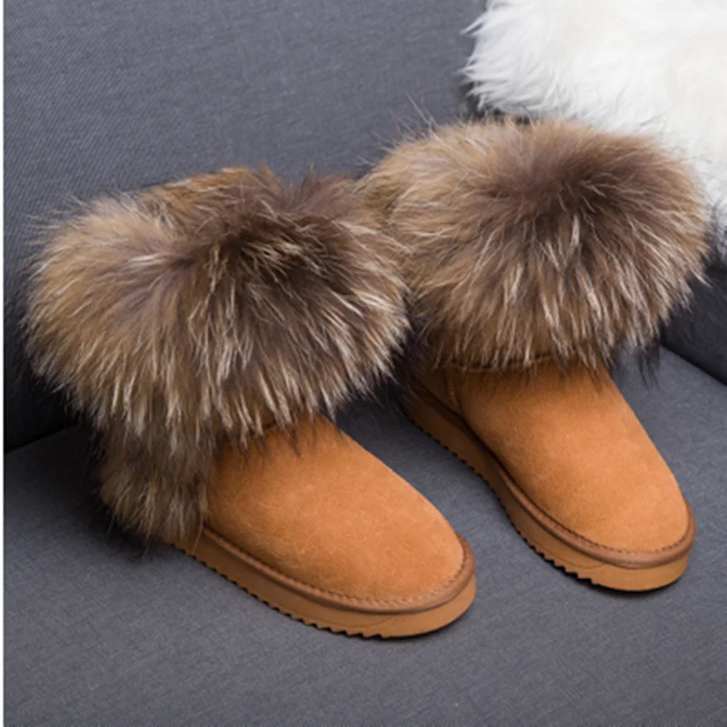 marron fox fur G& Zaco/Роскошные зимние ботинки с натуральным лисьим мехом; женские ботинки из натуральной кожи; Средний теленок; водонепроницаемые ботинки из коровьей кожи с натуральным мехом - Цвет: marron fox fur
