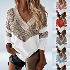 Женский трикотажный свитер в стиле пэчворк, синий свитер с леопардовым принтом и V-образным вырезом, уличная одежда, размер 2XL, для осени и зимы, 2021