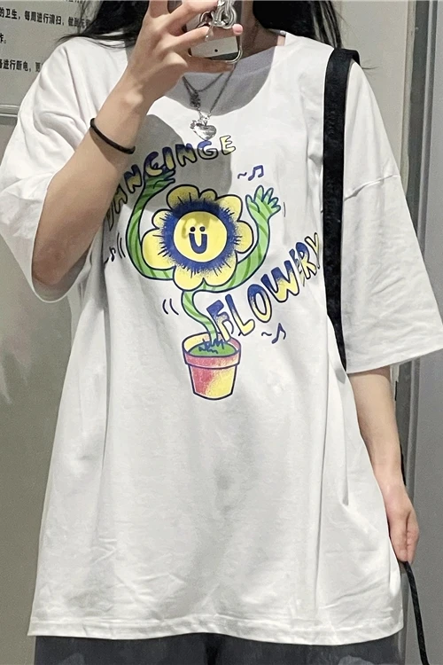 

Summer New Korean Women T Shirt Oversized Floral Cartoon Printed Short Sleeve T-shirt For Women